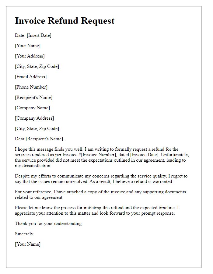 Letter template of invoice refund request for unsatisfactory service