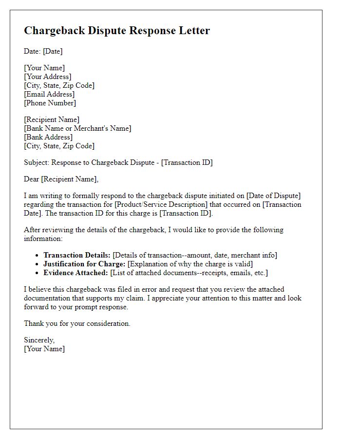 Letter template of chargeback dispute response.