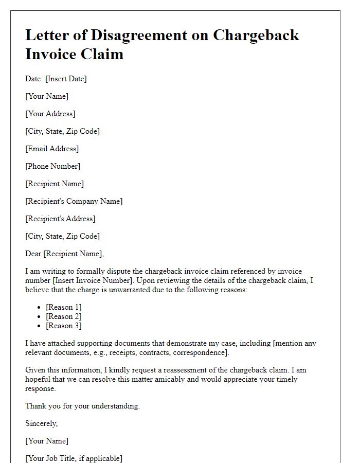 Letter template of disagreement on chargeback invoice claim.