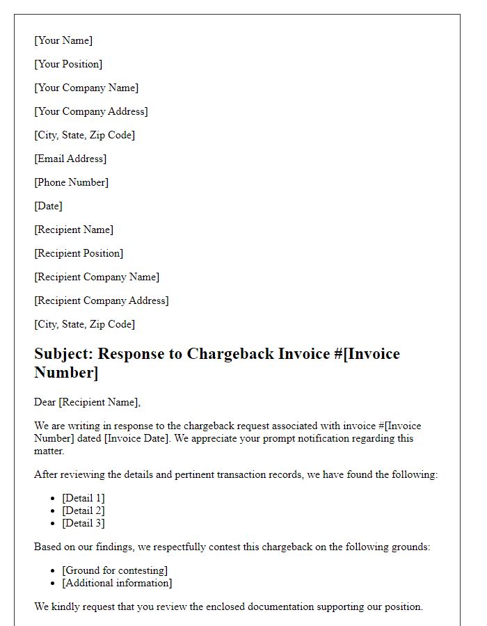 Letter template of formal response to chargeback invoice.