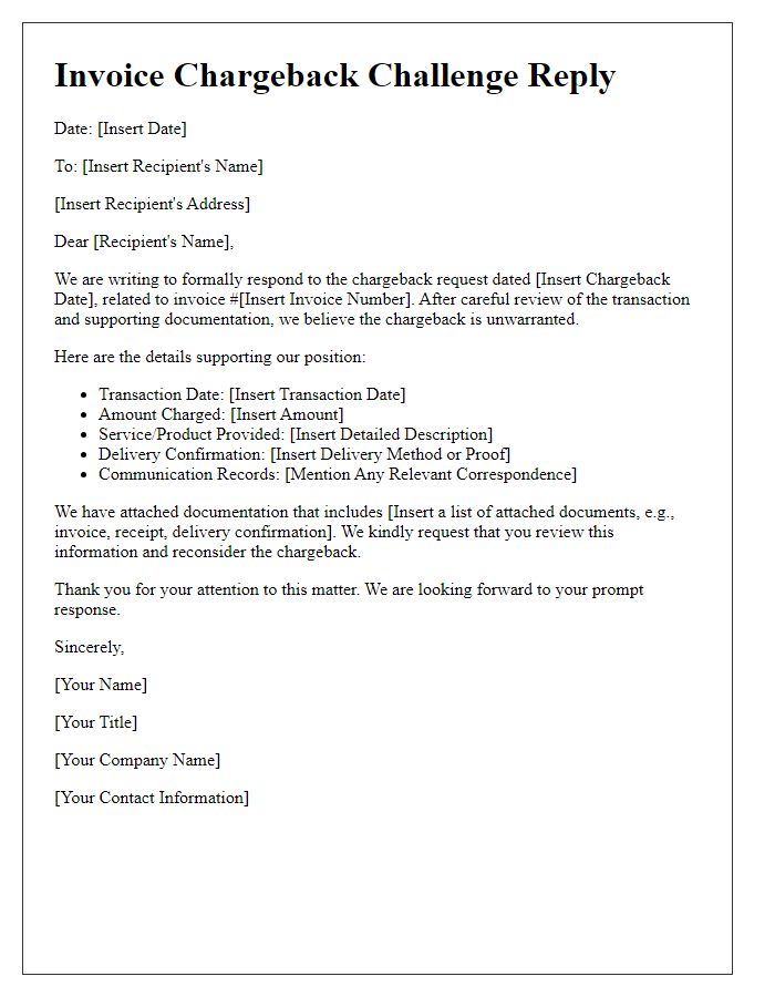 Letter template of invoice chargeback challenge reply.