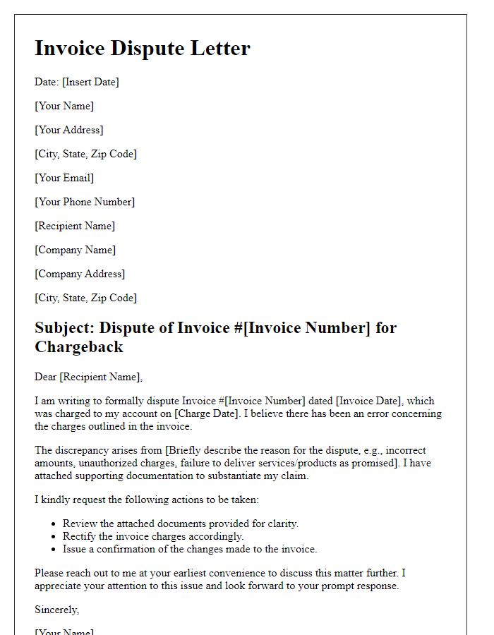 Letter template of invoice dispute for chargeback.