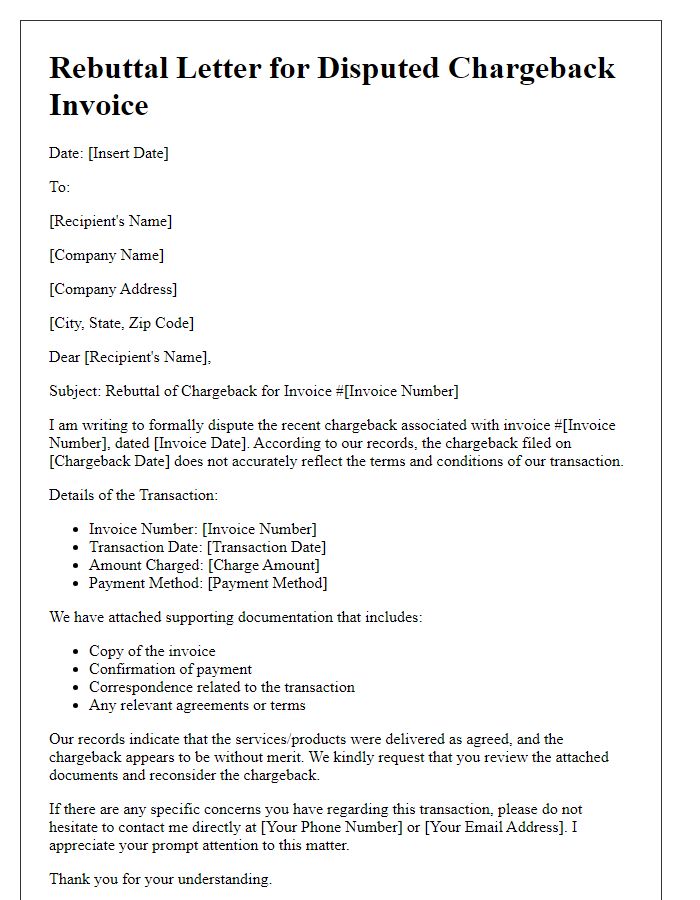 Letter template of rebuttal for disputed chargeback invoice.