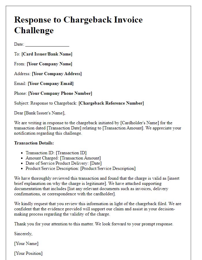 Letter template of response to chargeback invoice challenge.