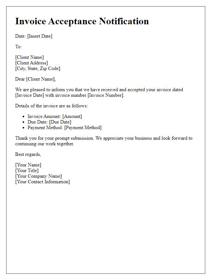 Letter template of invoice acceptance notification