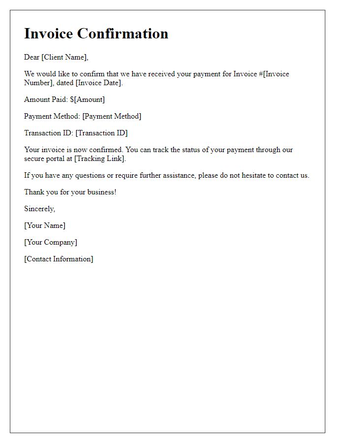 Letter template of invoice confirmation and tracking