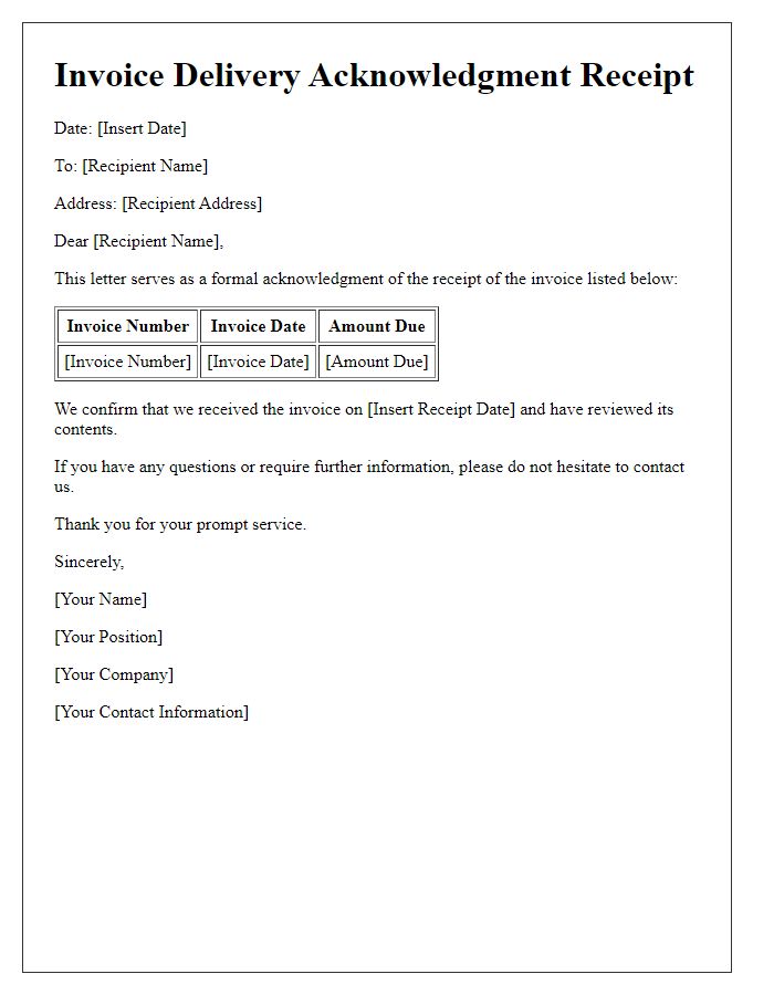 Letter template of invoice delivery acknowledgment receipt