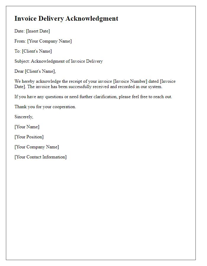 Letter template of invoice delivery acknowledgment