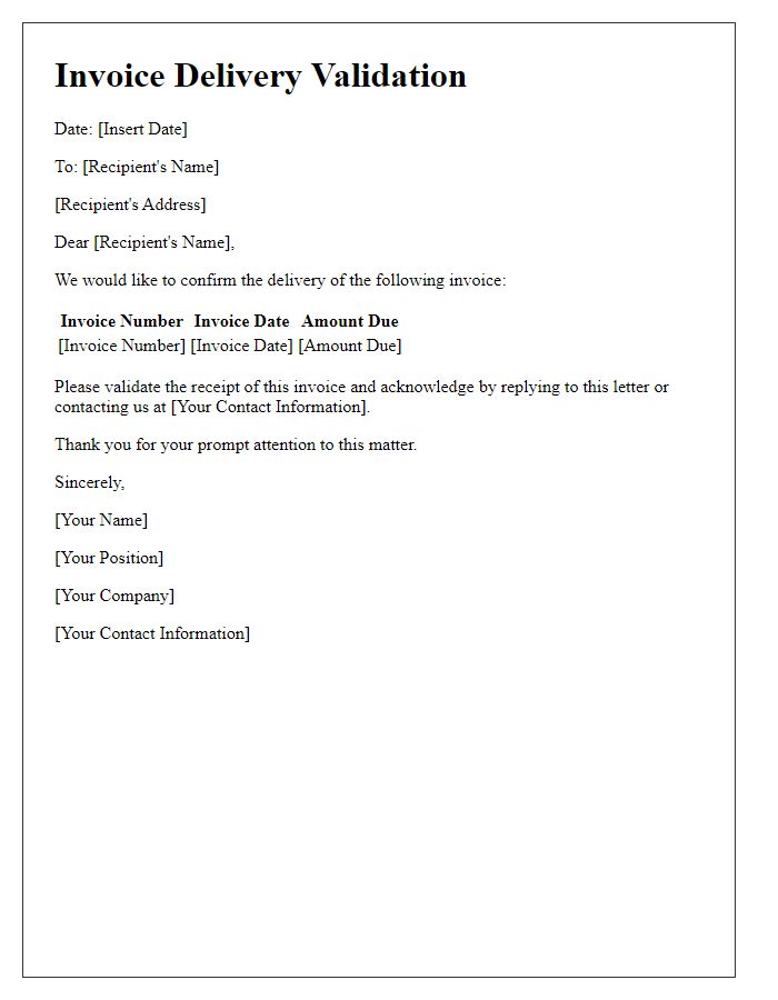 Letter template of invoice delivery validation