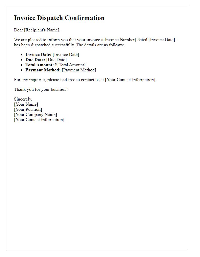 Letter template of invoice dispatch confirmation