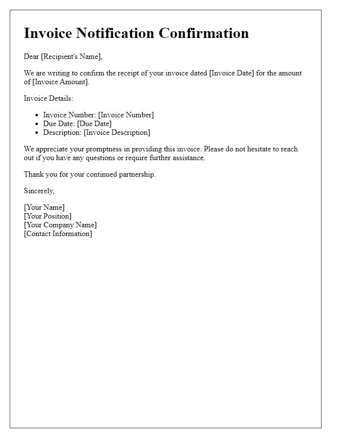 Letter template of invoice notification confirmation