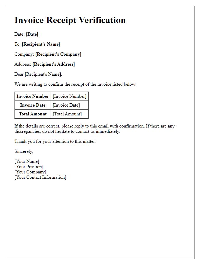 Letter template of invoice receipt verification