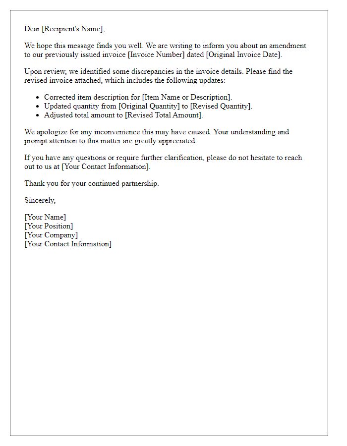 Letter template of amended invoice communication with revised data