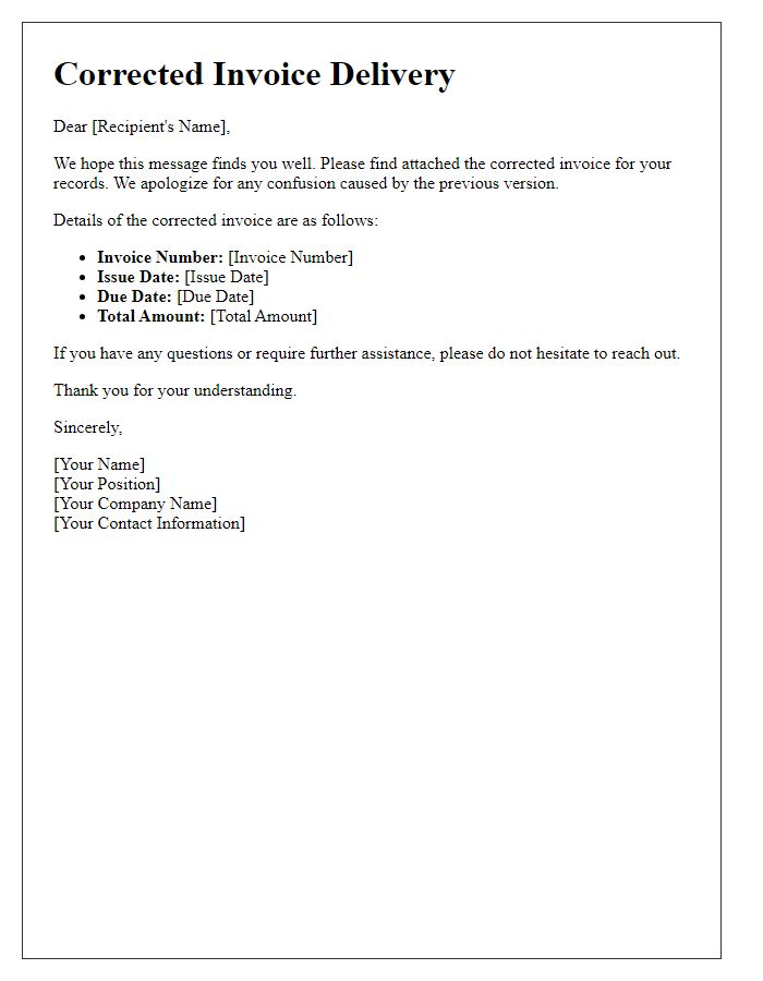 Letter template of corrected invoice delivery for your records