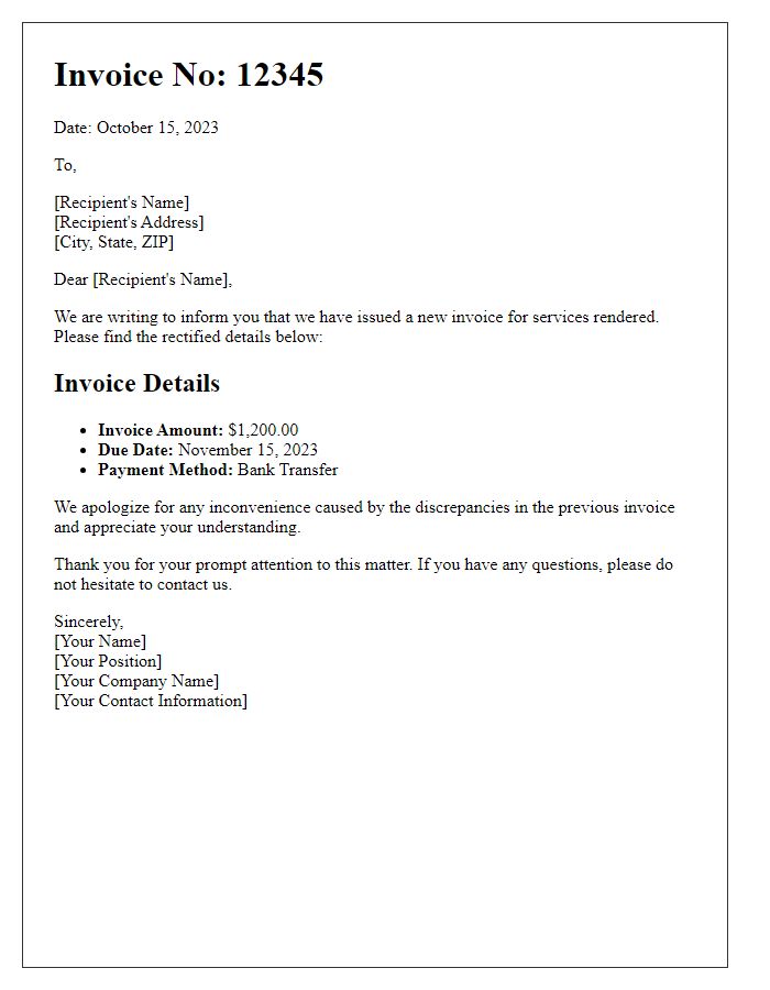 Letter template of freshly issued invoice with rectified details