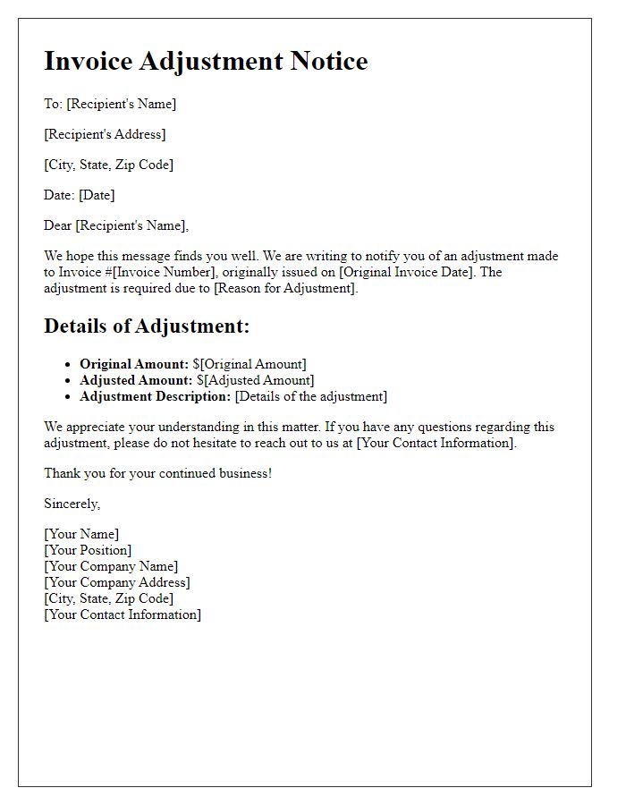 Letter template of invoice adjustment notice with proper specifications