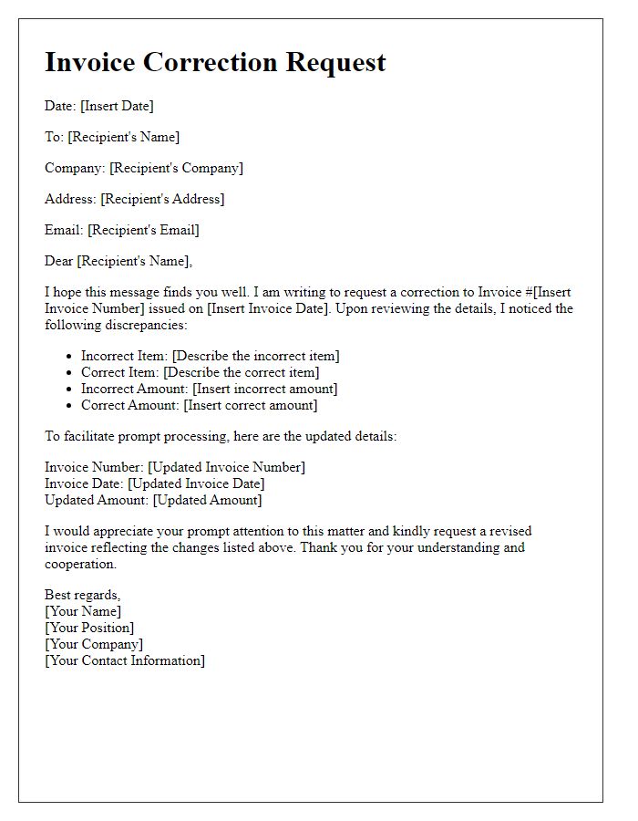 Letter template of invoice correction request with updated details