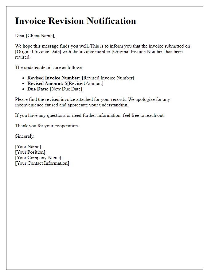Letter template of invoice revision notification with accurate information