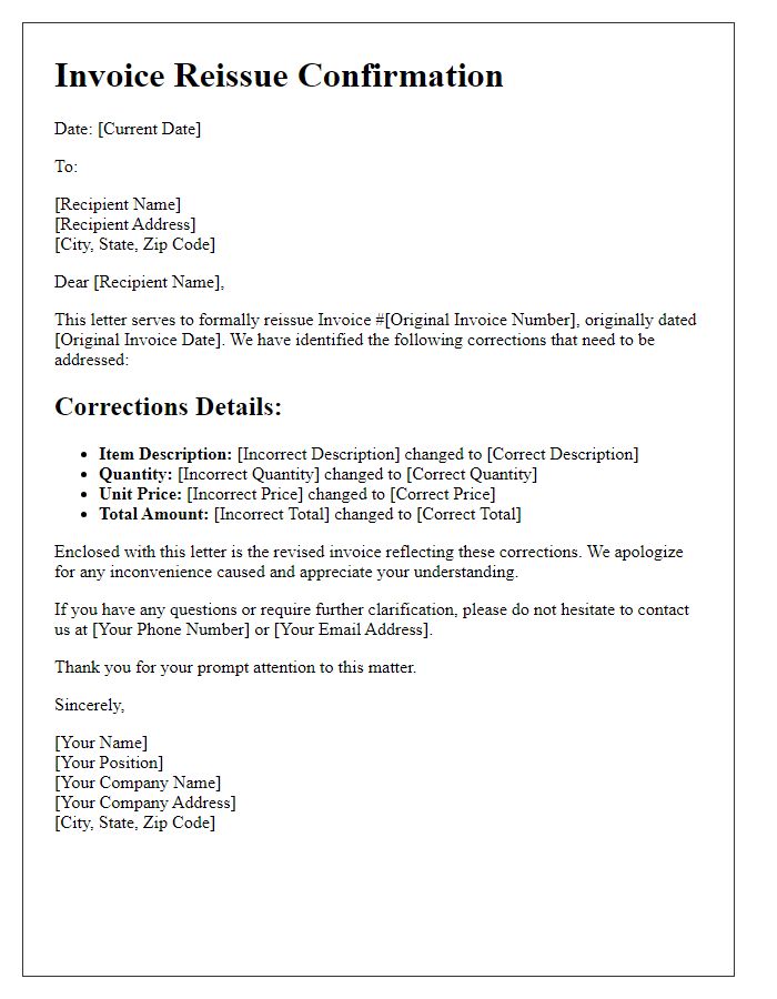 Letter template of official invoice reissue with detailed corrections