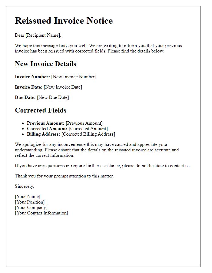 Letter template of reissued invoice notice with corrected fields