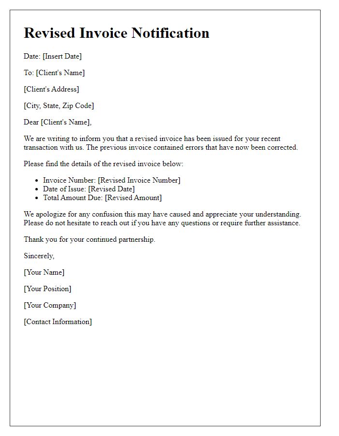 Letter template of revised invoice issuance with corrected entries