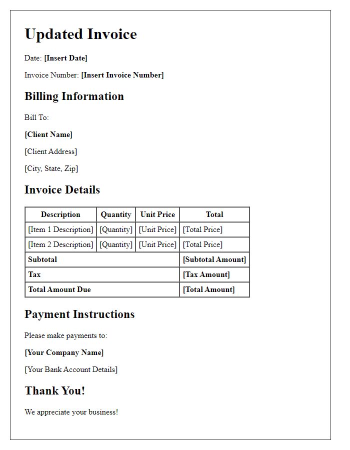 Letter template of updated invoice presentation with accurate figures