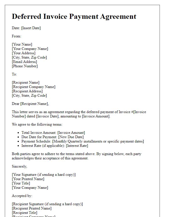 Letter template of Agreement for Deferred Invoice Payment