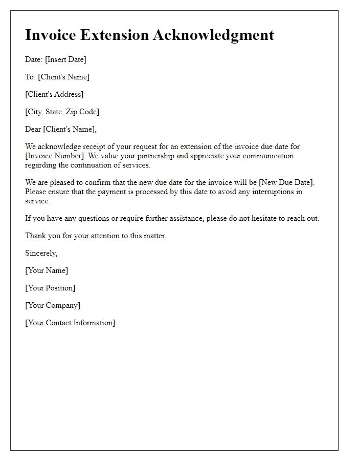 Letter template of Invoice Extension Acknowledgment for Service Continuation