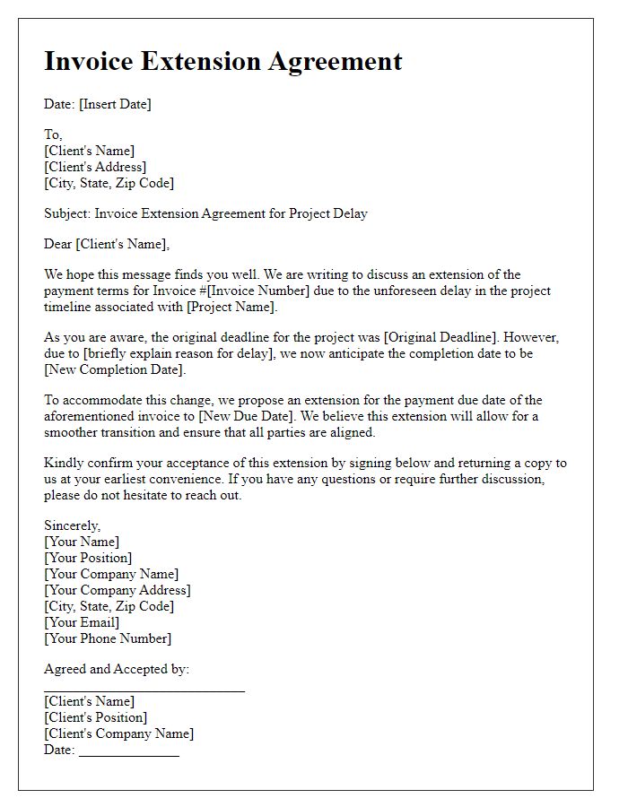 Letter template of Invoice Extension Agreement for Project Delay