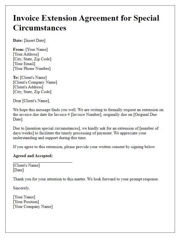 Letter template of Invoice Extension Agreement for Special Circumstances