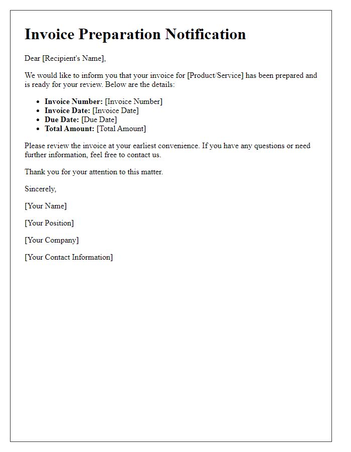 Letter template of Invoice Preparation Notification