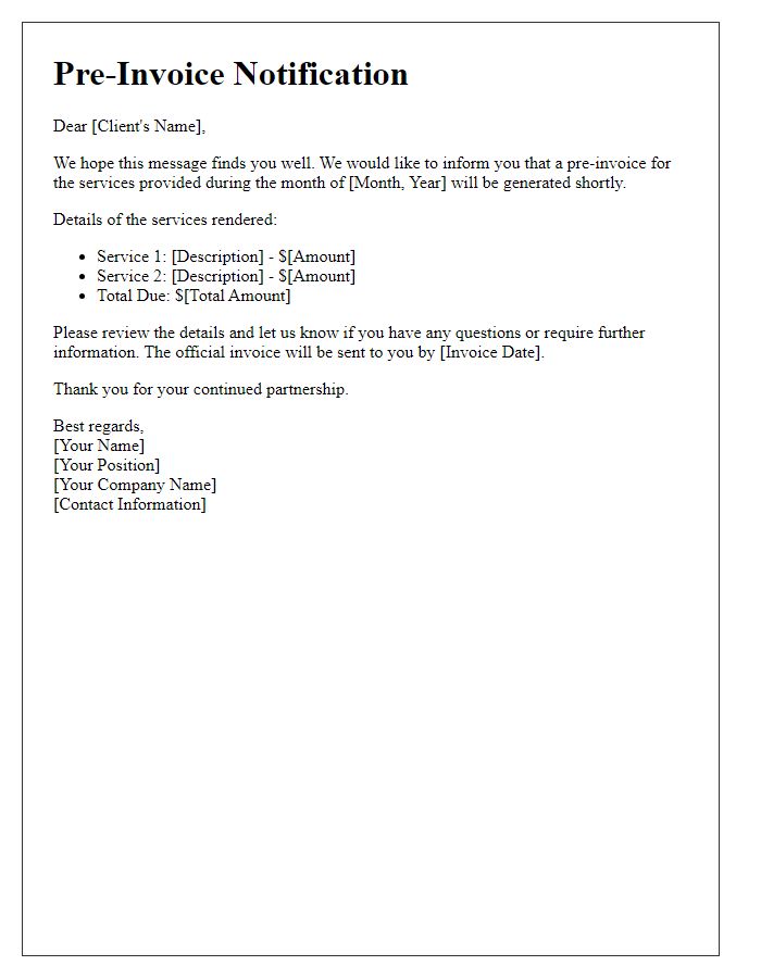 Letter template of Pre-Invoice Notification