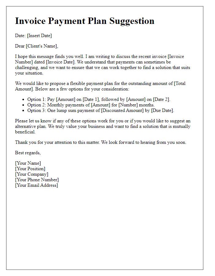 Letter template of flexible invoice payment plan suggestion.