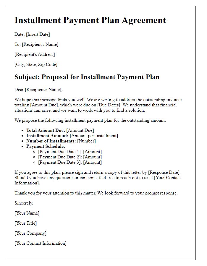 Letter template of installment payment plan for outstanding invoices.