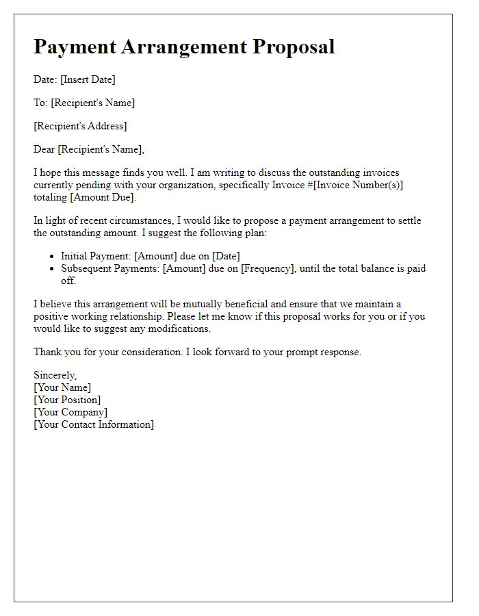 Letter template of payment arrangement proposal for pending invoices.