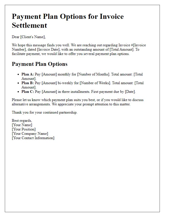 Letter template of payment plan options for invoice settlement.