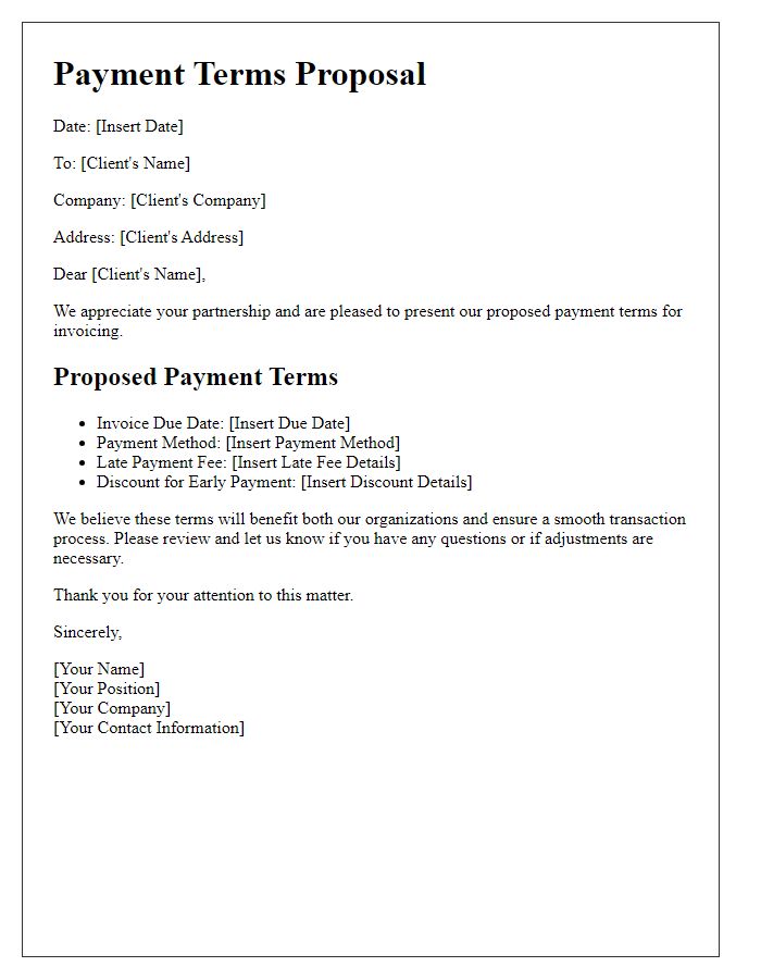 Letter template of payment terms proposal for invoicing.