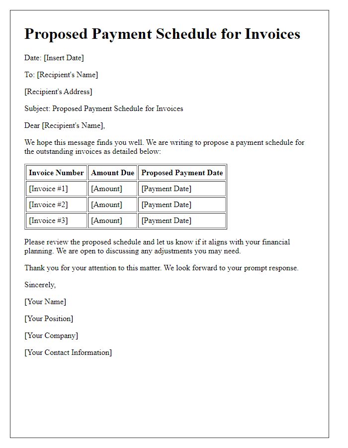 Letter template of proposed payment schedule for invoices.