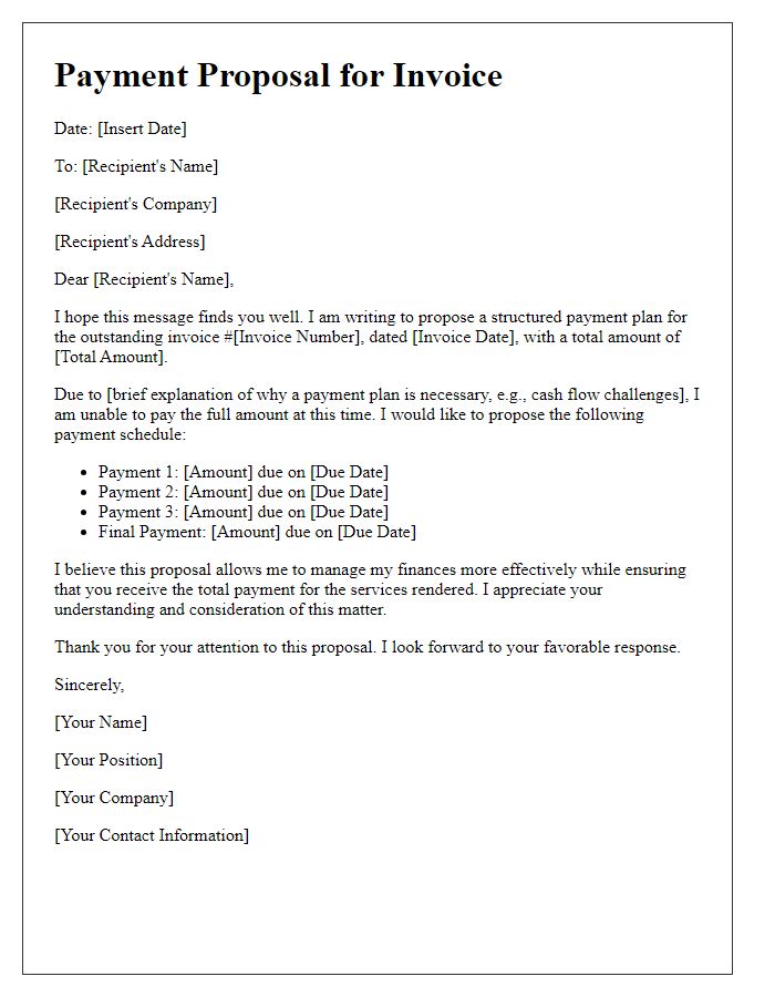 Letter template of structured payment proposal for invoices.