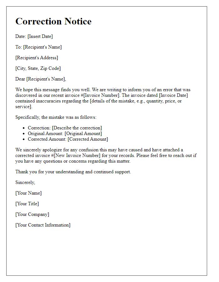 Letter template of correction notice for invoicing mistake.