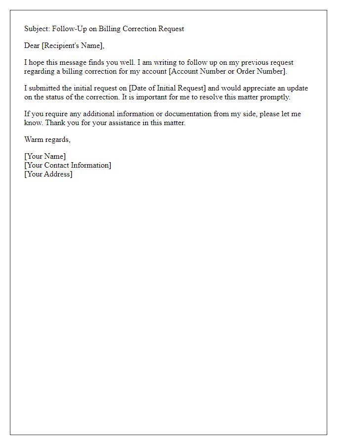 Letter template of follow-up for billing correction assistance.