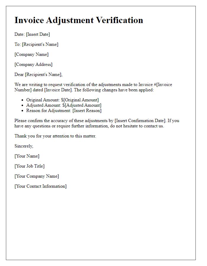 Letter template of invoice adjustment verification.