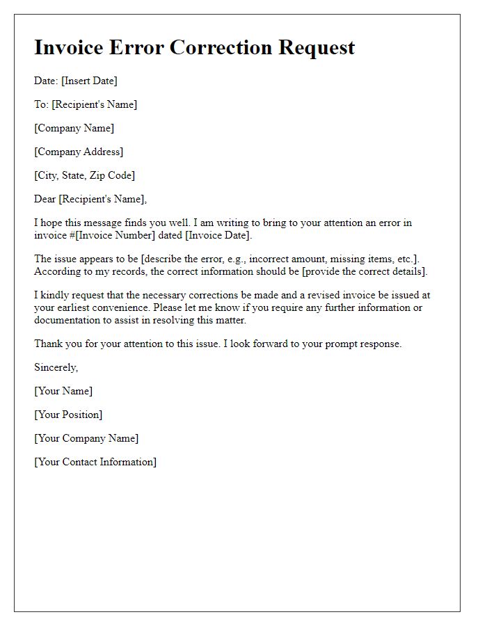 Letter template of invoice error correction request.