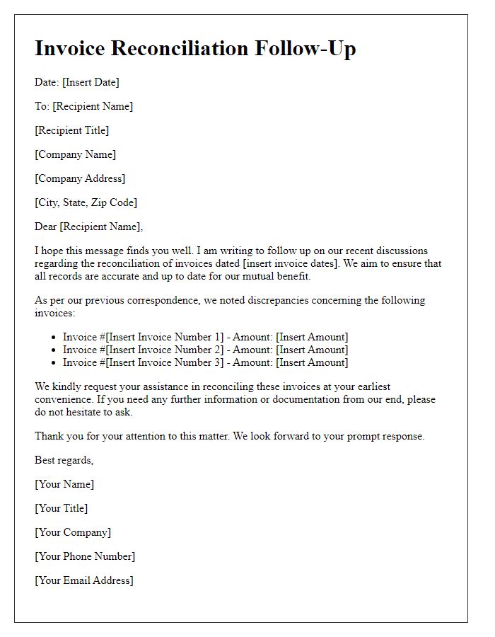 Letter template of invoice reconciliation follow-up.