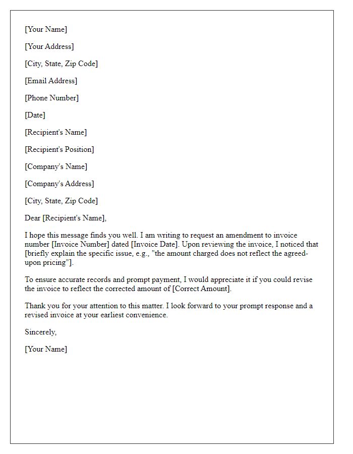 Letter template of request for invoice amendment.