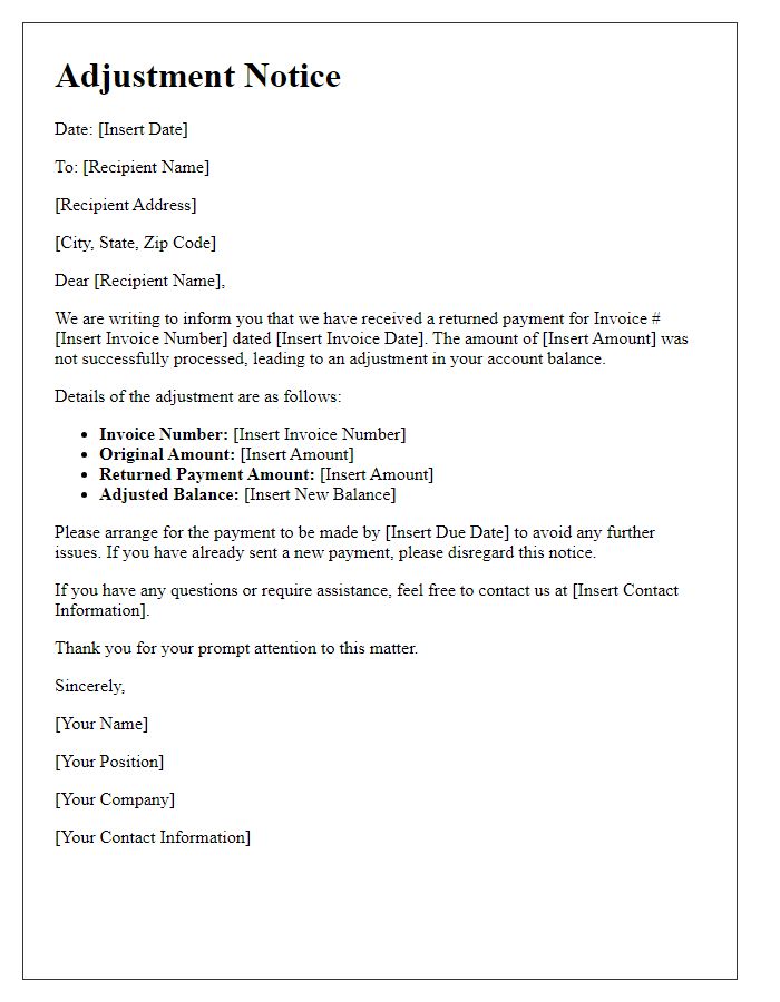 Letter template of adjustment notice for invoice due to returned payment