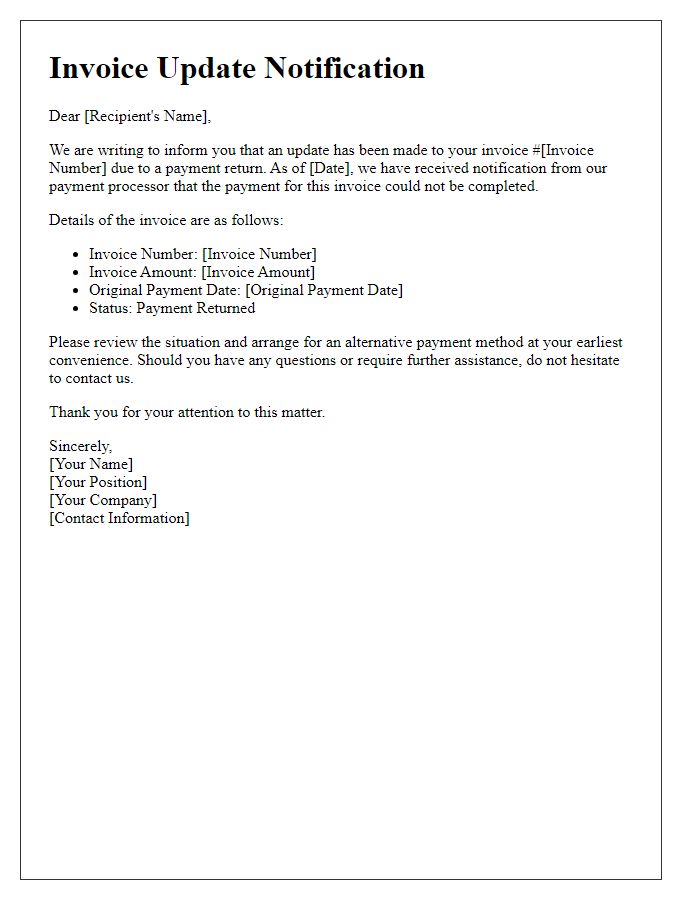 Letter template of notification for invoice update caused by payment return