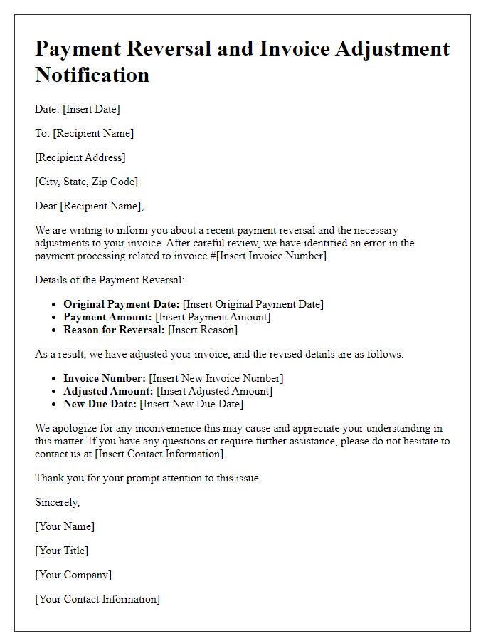 Letter template of payment reversal and invoice adjustment