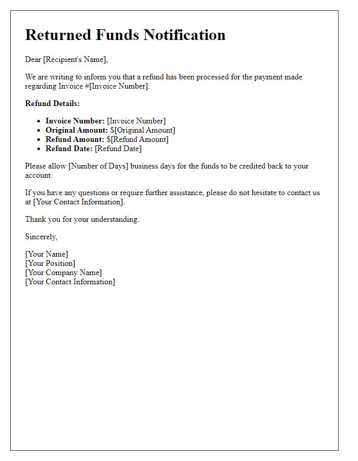 Letter template of returned funds regarding payment invoice