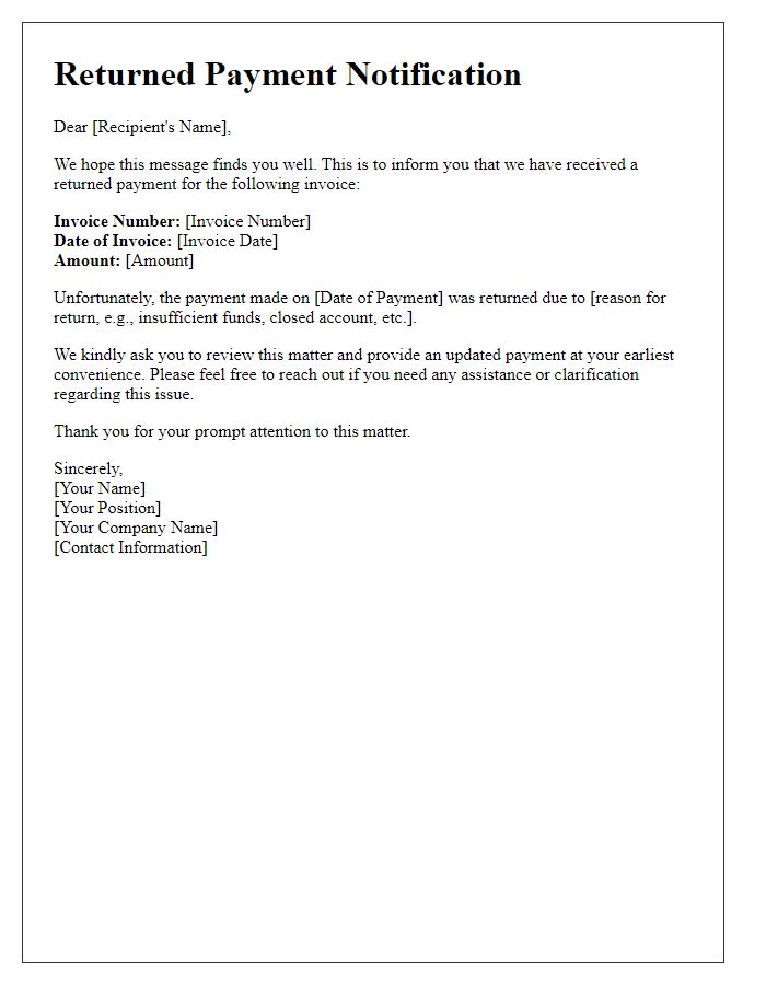 Letter template of returned payment notification for invoice update
